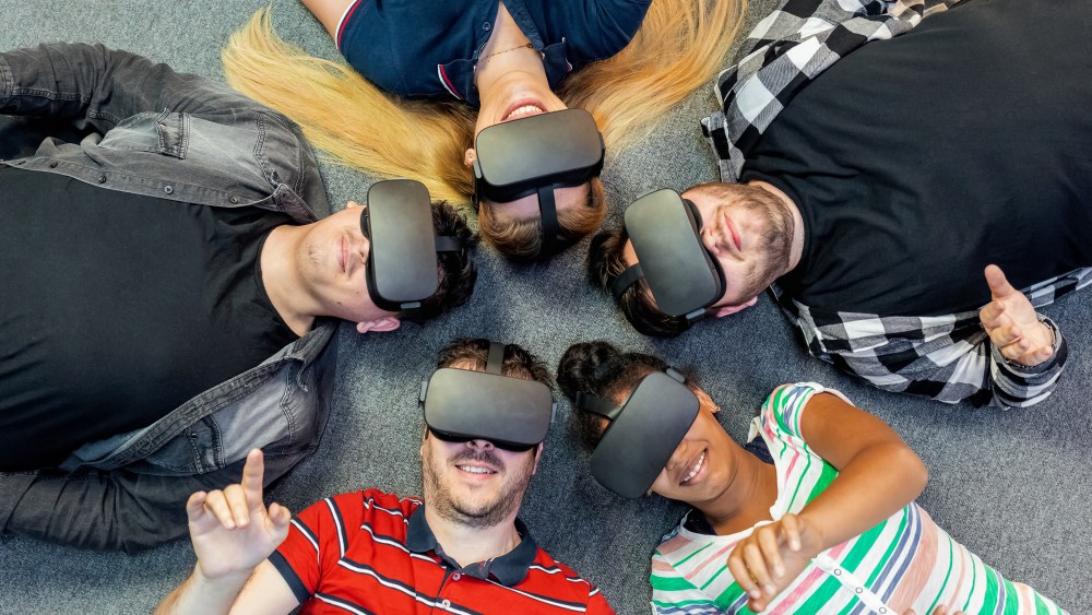Metaverse and blockchain tehnology concept with people enjoying metaverse virtual world experience