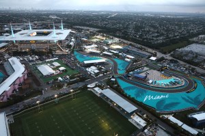 Aerial view of the area surrounding the Hard Rock Stadium for this weekend's Formula 1 Crypto.com Miami Grand Prix in Miami, Florida on May 4, 2022.