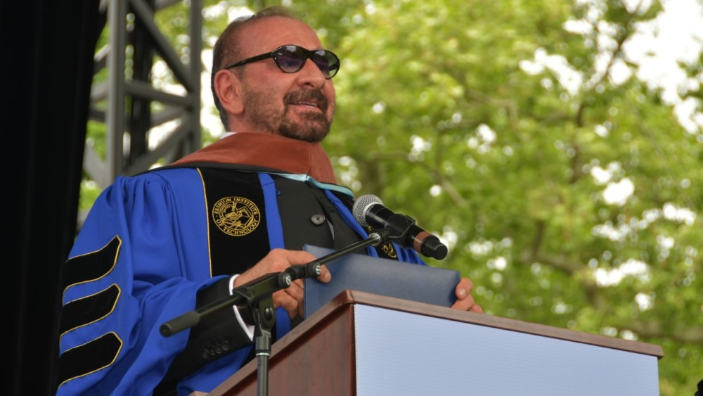 Ralph Rucci addressing the Central Park crowd at FIT’s May 24 1 early afternoon commencement ceremony.