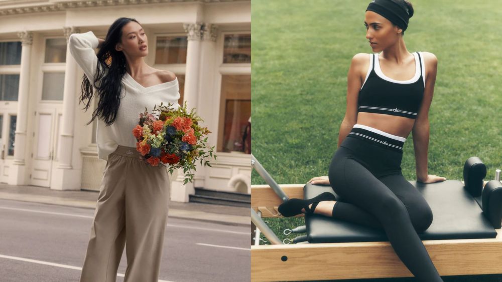two models posing in alo yoga clothes while sitting on a pilates reformer or holding a bouquet; how to shop alo anniversary sale