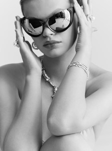 Yeprem’s 18-karat white gold white diamond earrings and rings. De Beers Jewellers’ Adonis Rose three row 16.51-carat diamond bracelet set in 18-karat white gold. Fred Leighton’s platinum and diamond necklace. Balenciaga’s Xpander butterfly sunglasses.