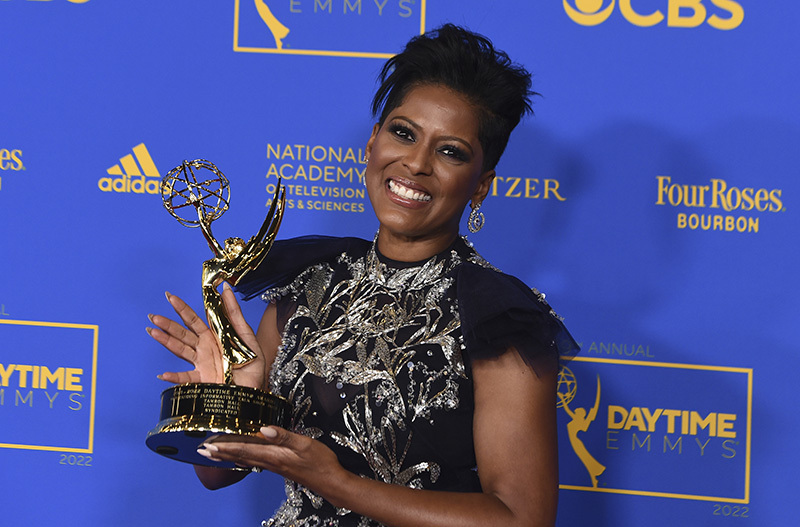 Tamron Hall poses in the press room with the award for outstanding informative talk show host for "Tamron Hall" at the 49th annual Daytime Emmy Awards on Friday, June 24, 2022, in Pasadena, Calif. (Photo by Jordan Strauss/Invision/AP)