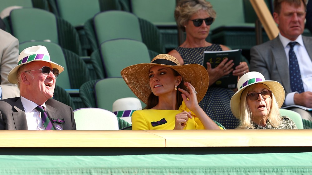 LONDON, ENGLAND - JULY 09: HRH Catherine, The Duchess of Cambridge looks on as Nikola Mektic of Croatia and partner Mate Pavic of Croatia play against Matthew Ebden of Australia and Max Purcell of Australia during their Men's Doubles Final match on day thirteen of The Championships Wimbledon 2022 at All England Lawn Tennis and Croquet Club on July 09, 2022 in London, England. (Photo by Julian Finney/Getty Images)