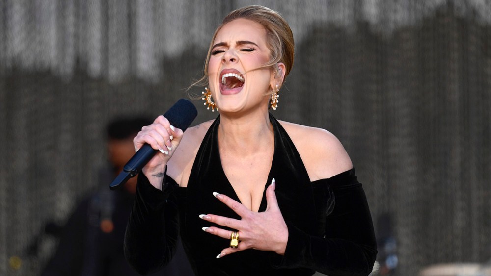 Adele wears custom Schiaparelli gown performs on stage as American Express present BST Hyde Park in Hyde Park on July 01, 2022 in London, England. (Photo by Gareth Cattermole/Getty Images for Adele)