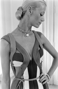 A close-up detail of Madame Gres signature pleating on a model at the designers Paris atelier on July 7, 1978.