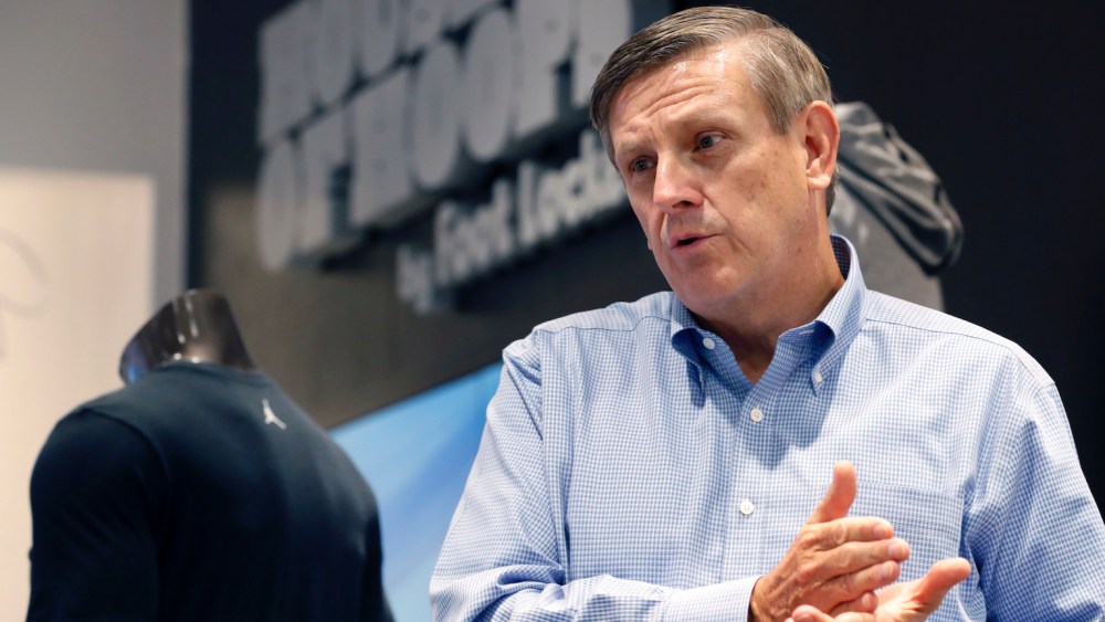 Outgoing Foot Locker CEO Dick Johnson speaks during a tour of the retailer's redesigned Manhattan flagship store in August 2016.