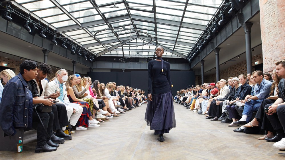 BERLIN, GERMANY - SEPTEMBER 06: A model walks the runway at the MBFW X UFW Show Bobkova during the Mercedes-Benz Fashion Week Berlin Spring Summer 2023 at Telegraphenamt on September 06, 2022 in Berlin, Germany. (Photo by Sebastian Reuter/Getty Images for Nowadays)
