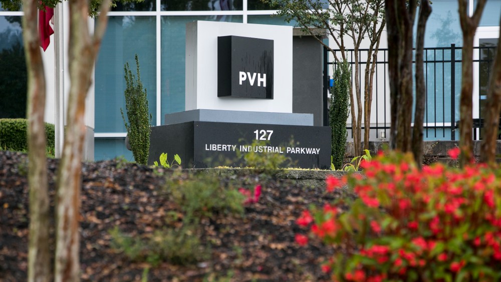 A logo sign outside of a facility occupied by the PVH Corporation (Phillips-Van Heusen) in McDonough, Georgia on October 8, 2017. Photo by Kristoffer Tripplaar(Sipa via AP Images)