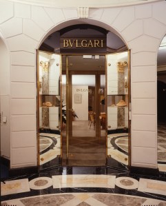 The entrance door of the BULGARI store inside the Hotel Pierre.