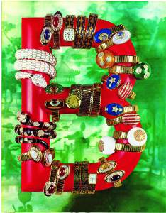Serpenti, Tubogas, Star Spangled Banner bracelet-watch in gold and steel with enamels, semiprecious and precious stones, 1965-1975. Advertising campaign Antique Jade Background (B-shaped stand), 1965-1975.