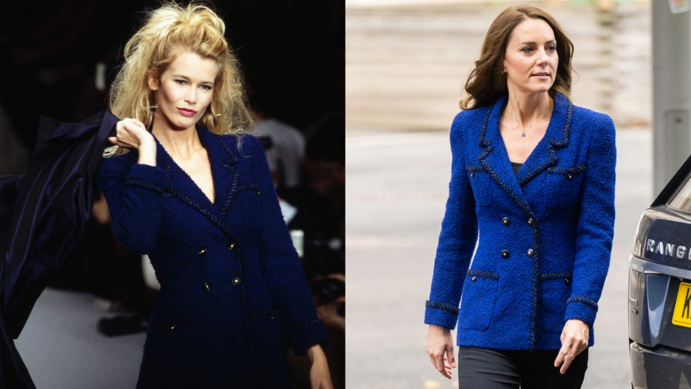 The new Princess of Wales wore a vintage cobalt blue tweed Chanel jacket with black trimmings and buttons from 1995, modeled by Claudia Schiffer on the runway