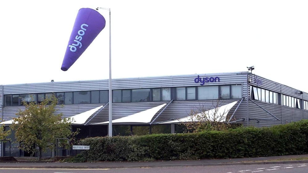 A wind sock indicates the Dyson site at Malmesbury, Wiltshire, England.