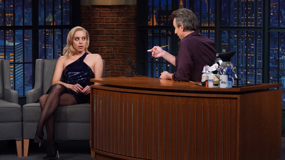 LATE NIGHT WITH SETH MEYERS -- Episode 1366 -- Pictured: (l-r) Actress Aubrey Plaza during an interview with host Seth Meyers on December 12, 2022 -- (Photo by: Andrew Lipovsky/NBC)