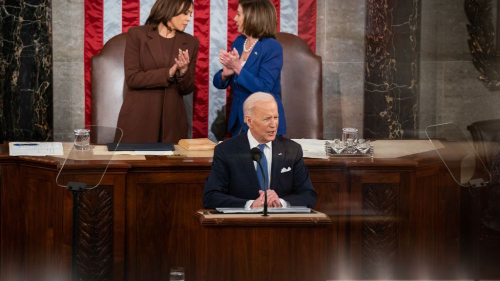 WASHINGTON, DC - MARCH 01: President Joe Biden delivers his state of the union address to Congress in the Capitol on March 01, 2022 in Washington, DC. During his first State of the Union address, Biden spoke on his administration’s efforts to lead a global response to the Russian invasion of Ukraine, work to curb inflation, and bring the country out of the COVID-19 pandemic. (Photo by Sarahbeth Maney-Pool/Getty Images)