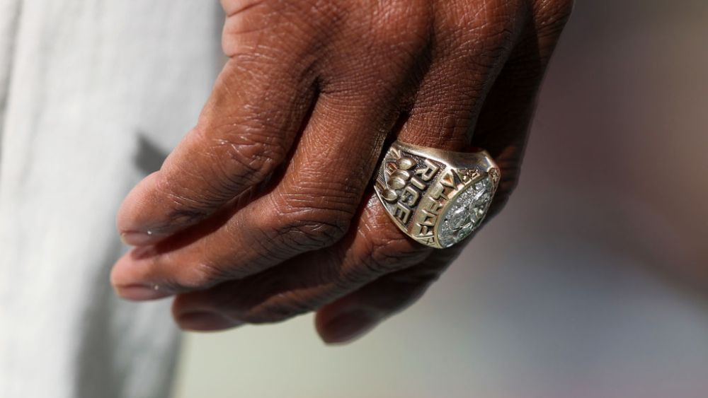 SANTA CLARA, CALIFORNIA - JANUARY 22: A detailed view of the Super Bowl ring worn by NFL Hall of Famer Jerry Rice prior to a game between the Dallas Cowboys and San Francisco 49ers  in the NFC Divisional Playoff game at Levi's Stadium on January 22, 2023 in Santa Clara, California. (Photo by Lachlan Cunningham/Getty Images)