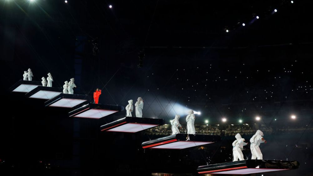 GLENDALE, ARIZONA - FEBRUARY 12: Rihanna performs onstage during the Apple Music Super Bowl LVII Halftime Show at State Farm Stadium on February 12, 2023 in Glendale, Arizona. (Photo by Carmen Mandato/Getty Images)