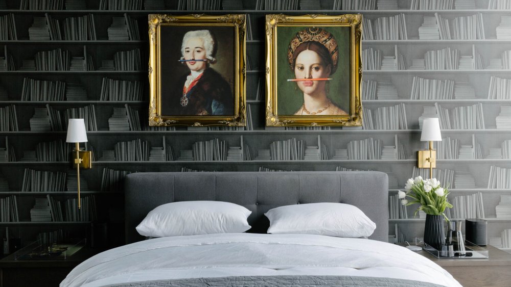 Designer Emma Beryl Kemper used Mineheart's Black Bookshelf wallpaper for a master bedroom.