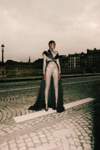 Giambattista Valli’s Pyrite crystal mesh couture jumpsuit draped with silk muslin.