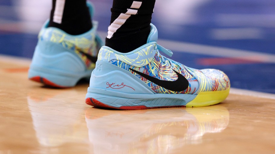 Detail of the Nike sneakers worn by Kyle Anderson of the NBA's Minnesota Timberwolves.