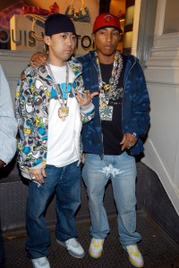 Nigo and Pharrell Williams attend their Louis Vuitton Pharrell Williams and Nigo sunglasses launch at Louis Vuitton SoHo, 2005.