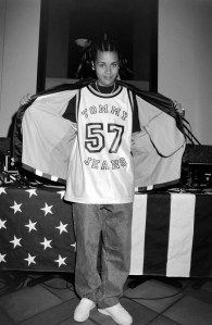 Actress Kadida Jones in Tommy Jeans at the Tommy Tour bus wrap up party at Morton's Restaurant in Los Angeles, 1997.