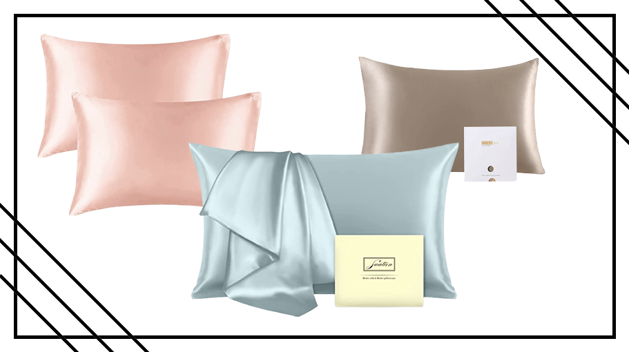 three pillows in various colors with silk pillowcases