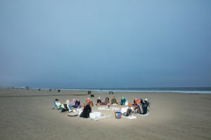 The scene at the Sacred Woman Collective sunset circle in Santa Monica, California.