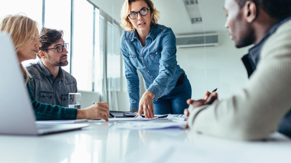 Businesswoman standing and leading business presentation. Female executive putting her ideas during presentation in conference room.