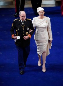 Prince Albert II and Princess Charlene of Monaco arrive at Westminster Abbey in central London on May 6, 2023, ahead of the coronations of Britain's King Charles III and Britain's Camilla, Queen Consort. - The set-piece coronation is the first in Britain in 70 years, and only the second in history to be televised. Charles will be the 40th reigning monarch to be crowned at the central London church since King William I in 1066. Outside the UK, he is also king of 14 other Commonwealth countries, including Australia, Canada and New Zealand. Camilla, his second wife, will be crowned queen alongside him, and be known as Queen Camilla after the ceremony. (Photo by Andrew Matthews / POOL / AFP) (Photo by ANDREW MATTHEWS/POOL/AFP via Getty Images)