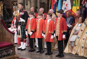 LONDON, ENGLAND - MAY 06: Prince George (C), Lord Oliver Cholmondley, Nicholas Barclay, Ralph Tollemache takes part in the Coronation of King Charles III and Queen Camilla at Westminster Abbey on May 6, 2023 in London, England. The Coronation of Charles III and his wife, Camilla, as King and Queen of the United Kingdom of Great Britain and Northern Ireland, and the other Commonwealth realms takes place at Westminster Abbey today. Charles acceded to the throne on 8 September 2022, upon the death of his mother, Elizabeth II. (Photo by Jonathan Brady - WPA Pool/Getty Images)