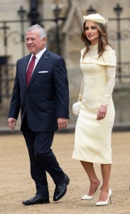 LONDON, ENGLAND - MAY 6: King Abdullah II of Jordan and Queen Rania of Jordan arrive at Westminster Abbey for the Coronation of King Charles III and Queen Camilla on May 6, 2023 in London, England. The Coronation of Charles III and his wife, Camilla, as King and Queen of the United Kingdom of Great Britain and Northern Ireland, and the other Commonwealth realms takes place at Westminster Abbey today. Charles acceded to the throne on 8 September 2022, upon the death of his mother, Elizabeth II. (Photo by Mark Cuthbert/UK Press via Getty Images)
