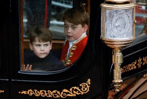 Britain's Prince Louis of Wales (L) and his brother Britain's Prince George of Wales depart following the Coronation Ceremony for Britain's King Charles III and Queen Camilla in Westminster Abbey in central London, on May 6, 2023. - The set-piece coronation is the first in Britain in 70 years, and only the second in history to be televised. Charles will be the 40th reigning monarch to be crowned at the central London church since King William I in 1066. Outside the UK, he is also king of 14 other Commonwealth countries, including Australia, Canada and New Zealand. (Photo by PIROSCHKA VAN DE WOUW / POOL / AFP) (Photo by PIROSCHKA VAN DE WOUW/POOL/AFP via Getty Images)