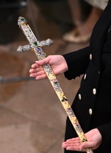 LONDON, ENGLAND - MAY 06: A general view of The Sword of Offering during the Coronation of King Charles III and Queen Camilla on May 06, 2023 in London, England. The Coronation of Charles III and his wife, Camilla, as King and Queen of the United Kingdom of Great Britain and Northern Ireland, and the other Commonwealth realms takes place at Westminster Abbey today. Charles acceded to the throne on 8 September 2022, upon the death of his mother, Elizabeth II. (Photo by Gareth Cattermole/Getty Images)