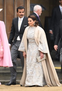 LONDON, ENGLAND - MAY 06: Tamim bin Hamad Al Thani and Jawaher bint Hamad bin Suhaim Al-Thani arrive at Westminster Abbey for the Coronation of King Charles III and Queen Camilla on May 06, 2023 in London, England. The Coronation of Charles III and his wife, Camilla, as King and Queen of the United Kingdom of Great Britain and Northern Ireland, and the other Commonwealth realms takes place at Westminster Abbey today. Charles acceded to the throne on 8 September 2022, upon the death of his mother, Elizabeth II. (Photo by Karwai Tang/WireImage)