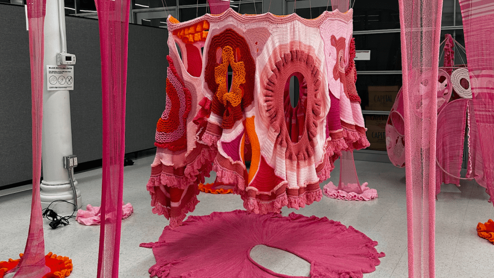 A web of hanging fuchsia and orange fiber created by Parsons MFA Textiles grad Madelyn Bunn for May 2023 'Portal' show.