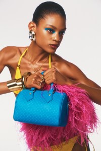 Oséree’s nylon, polyamide, multi tex fabrics and elastane bathing suit. Fendi First patent leather clutch bag; Saint Laurent brass pyramid earrings; Bulgari 18k gold B.zero1 ring; Cartier 18k gold love ring; Alexis Bittar valour lion ring and solanales crystal orbiting ring. BEAUTY On the skin Dior’s Hydra Life Intense Sorbet Cream and Cooling Hydration Sorbet Eye Gel, Forever Skin Correct Concealer and Forever Natural Nude Longwear Foundation. Haus Labs’ Bio-Blurring Loose Setting Powder in Golden. (Used throughout.) On the eyes MAC’s Chromaline Gel in HiDef Cyan and Juvia’s Place The Warrior 3 Eyeshadow Palette. On the brows Anastasia Beverly Hills’ Liquid Clear Brow Gel. On the cheeks Haus Labs’ Power Sculpt Velvet Bronzer in Level 5. On the lips Haus Labs’ PhD Hybrid Lip Oil in Universal Clear