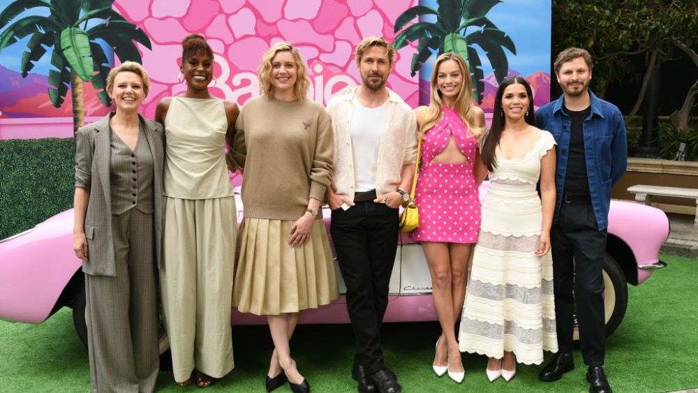 Kate McKinnon, Issa Rae, Greta Gerwig, Ryan Gosling, Margot Robbie, America Ferrera and Michael Cera attend a press junket for "Barbie" on June 25 in Los Angeles.