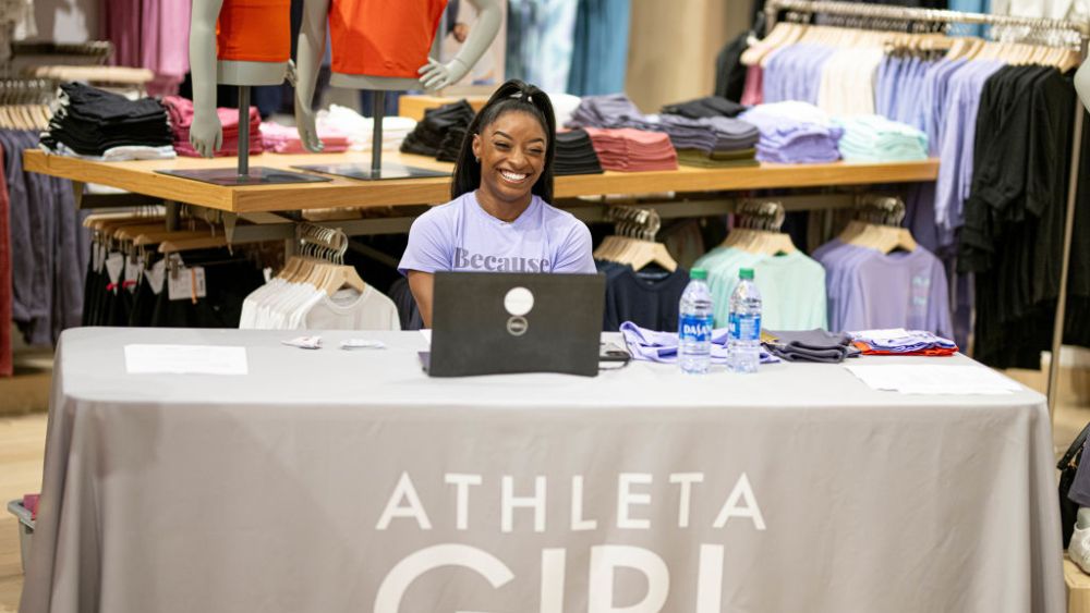 Simone Biles unveiling the Simone Biles X Athleta "Because I Can" collection on Aug. 29 in Houston.