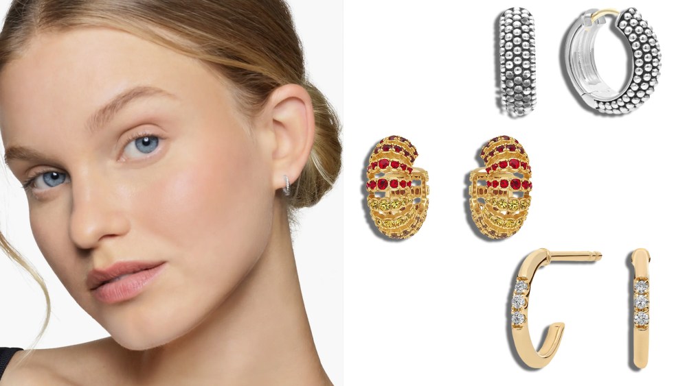model wearing david yurman huggie earrings in silver; three huggie earrings styles over a white background