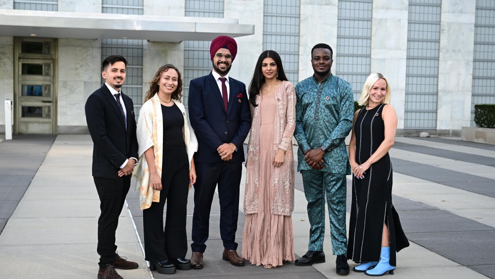 NEW YORK, NEW YORK - SEPTEMBER 13: Creatives for Our Future Alumni - Class of 2022 members (L-R) Sebastian Garcia-Medina, Julieta Gaitan, Gunraagh Singh Talwar, Namra Khalid, Stanley Anigbogu, Eleonora Ortolani pose in front of UN HQ building as they attend Swarovski Foundation 10th Anniversary and Creatives For Our Future Reception at United Nations on September 13, 2023 in New York City.  (Photo by Dave Kotinsky/Getty Images for the Swarovski Foundation)