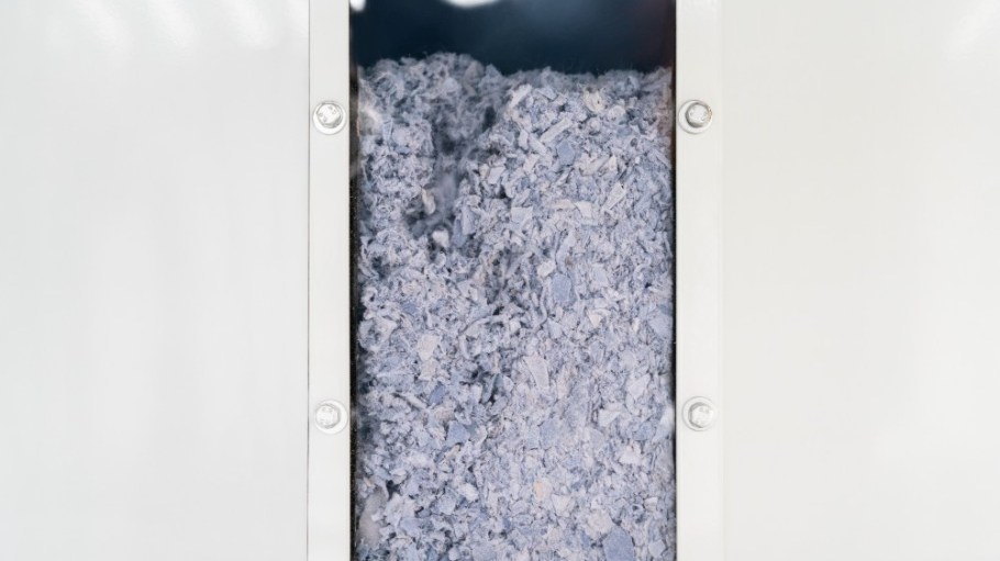 Leather scraps are deconstructed and re-bonded using a hydroentanglement process at the Gen Phoenix factory in London.