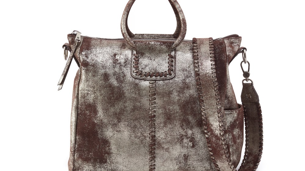 Hobo's Sheila satchel in a silver and taupe mottled leather.