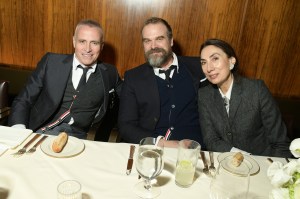 Thom Browne, David Harbour and Anh Duong at Thom Browne's 20th Anniversary Dinner to toast his monograph with Phaidon held on October 30, 2023 in New York City.