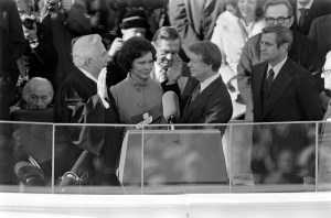 (L-R, front row) Warren Burger, Rosalynn Carter, Jimmy Carter, and Walter Mondale attend a ceremony at the U.S. Capitol in Washington, D.C., on January 20, 1977.
