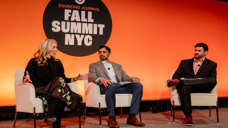 Heidi Isern of Narvar and Girish Jaguste of Liquidity Services have a discussion at Sourcing Journal's 2023 Fall Summit about reverse logistics, with Glenn Taylor, Sourcing Journal's business editor, as the moderator.