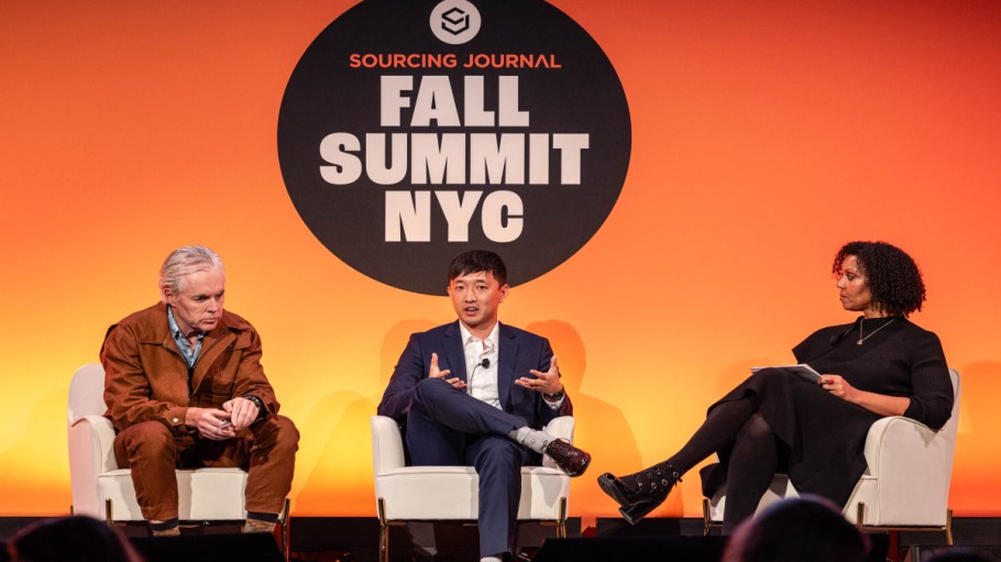 From left: Lawrence Lenihan, executive chairman and co-founder of Resonance, and Jordan Zhang, chief technology officer and co-founder of Hyran Technologies, discuss AI's role in sourcing with Jessica Binns, Sourcing Journal's managing and technology editor.