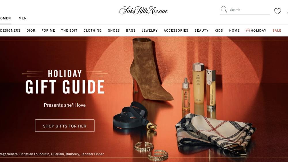The homepage for the Saks.com holiday gift guide.