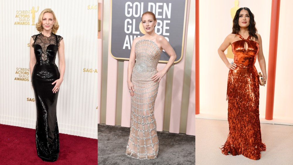 Jessica Chastain, Golden Globes, Oscar de la Renta, red carpet, celebrity style, Salma Hayek, Cate Blanchett, Armani, Gucci, Oscars, SAG Awards
