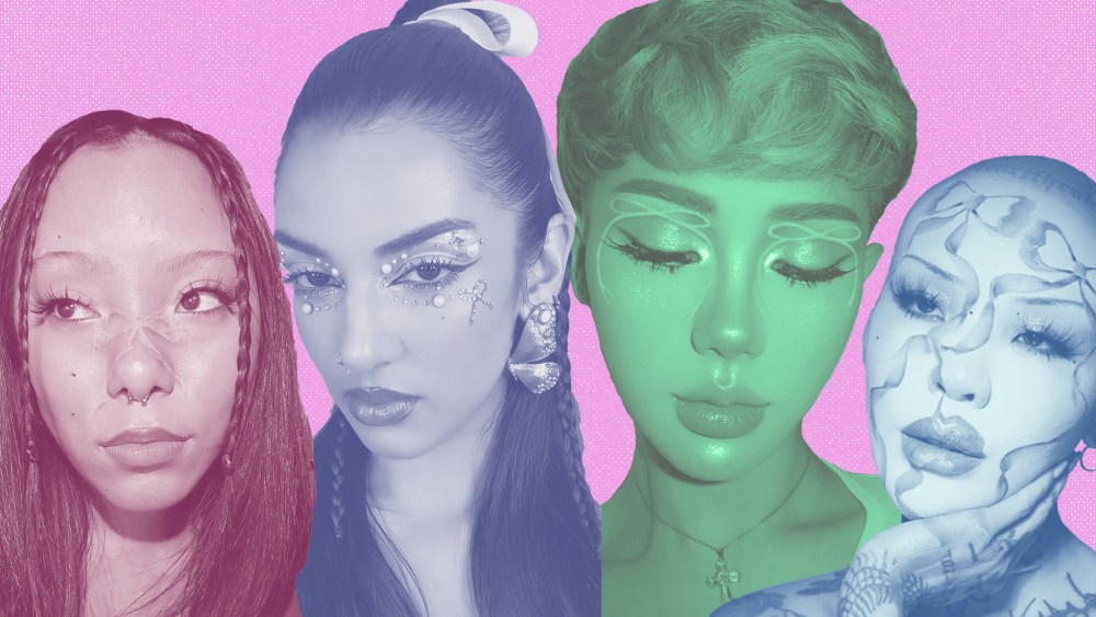 Four women, bow makeup images allover face on one, bow drawings above eyes on another, bow drawing on nose of third, small studs on eyelids, and bow image on cheek.