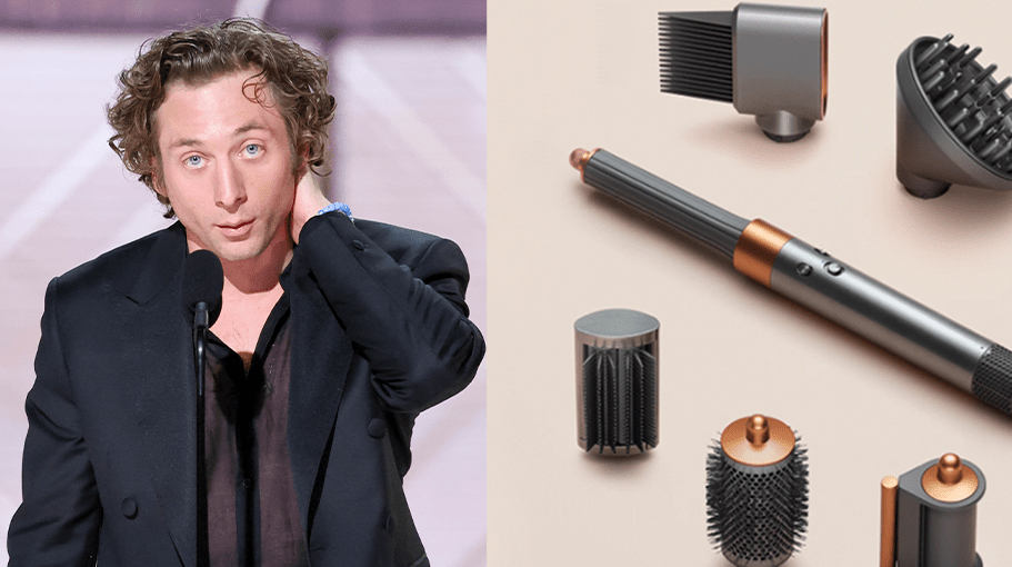 Jeremy Allen White at the Golden Globes; Dyson Airwrap on a tan surface